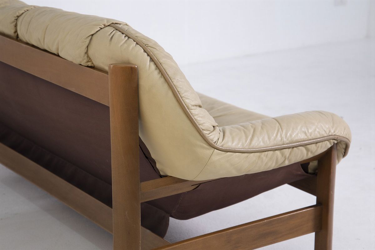 Italian Vintage Sofa in Leather Beige and Wood Two-Seat