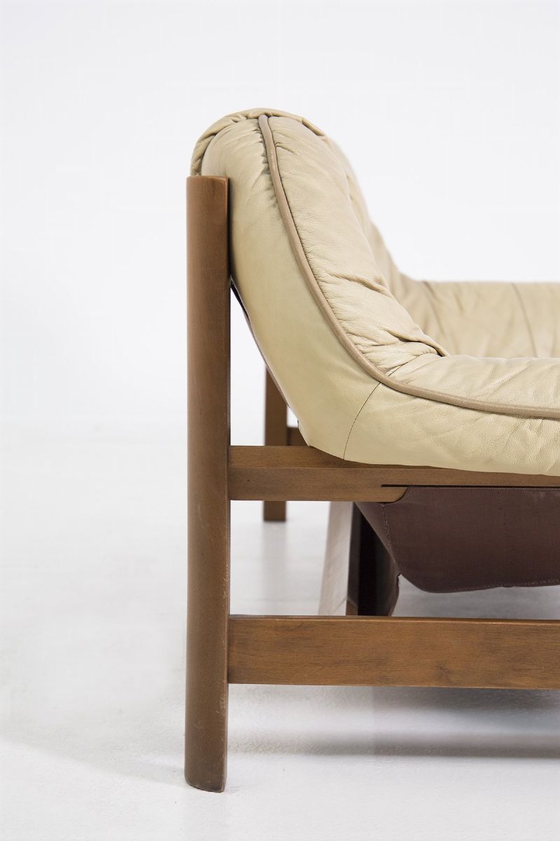 Italian Vintage Sofa in Leather Beige and Wood Two-Seat
