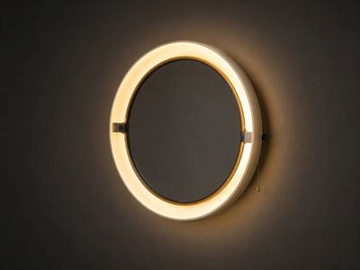 Specchio da parete illuminato rotondo, specchio in plastica bianca e metallo