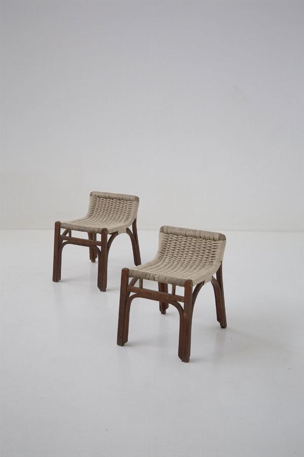 Coppia di piccole sedie italiane in legno e corda