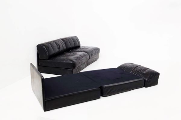 Black Leather Sofa mod. DS76 by Sofart - De Sede