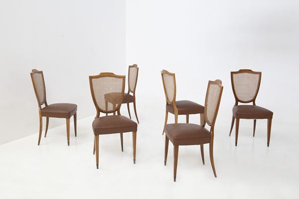 Paolo Buffa - Six Chairs by Paolo Buffa in Wood, Leather and Vienna Straw